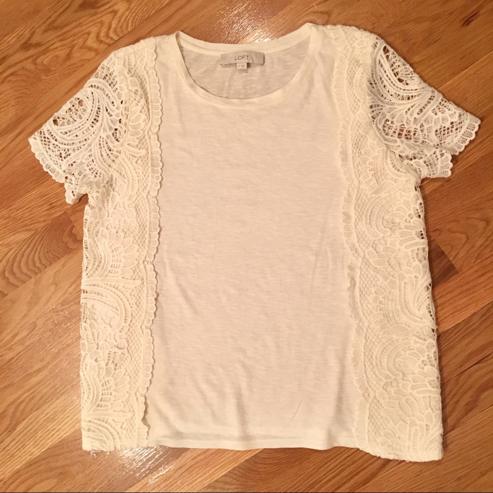 LOFT New Cream Cotton Lace Side T-Shirt